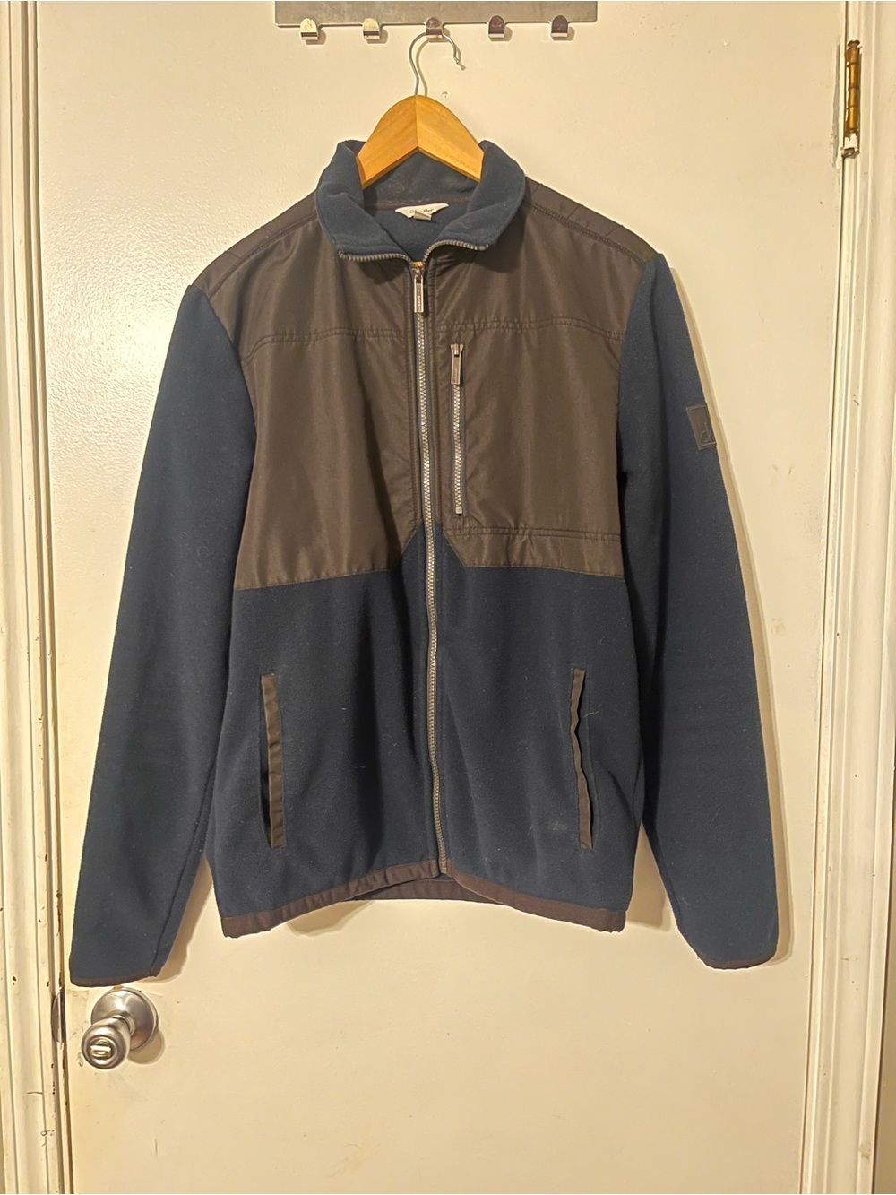 Calvin Klein Navy and Brown Mixed-Media Fleece Jacket